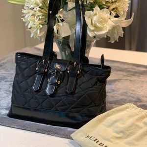 Vintage Burberry Quilted Nylon Black Leather Tote